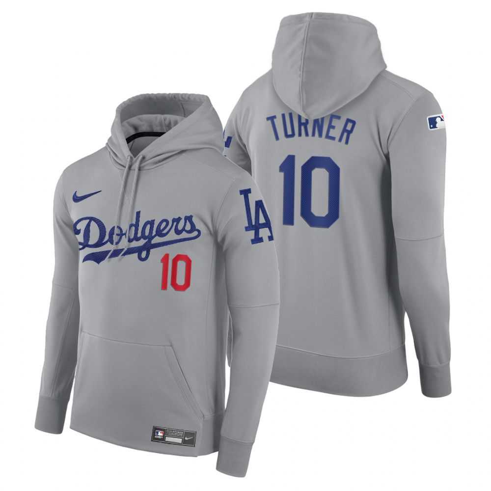 Men Los Angeles Dodgers 10 Turner gray road hoodie 2021 MLB Nike Jerseys